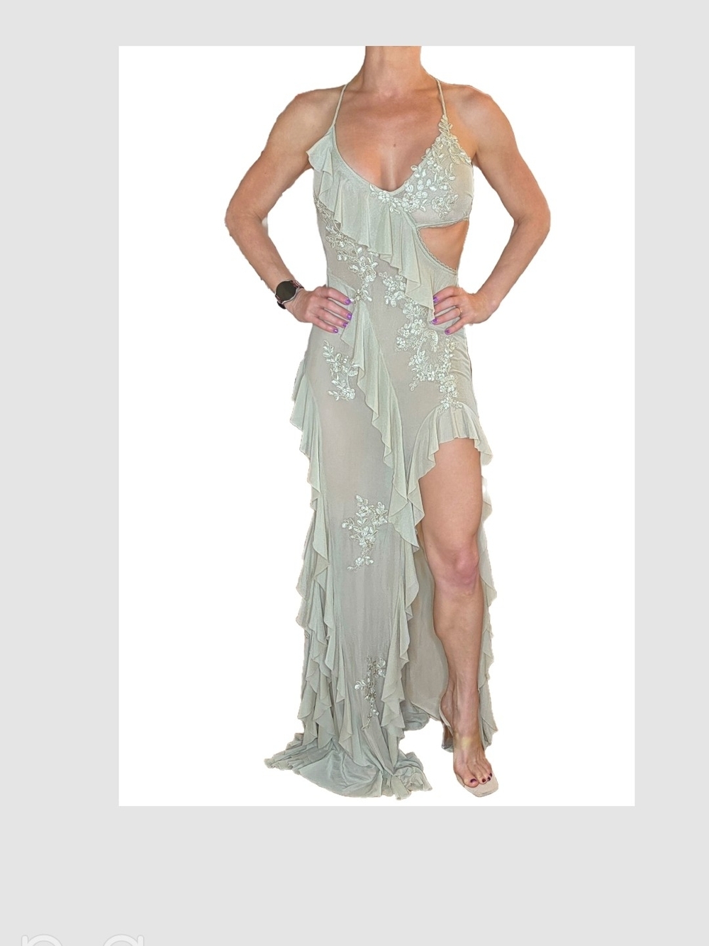 NWT Dolls Kill Sheer Fairycore Sage Green Maxi Dress w High-Slit & Floral Embroi